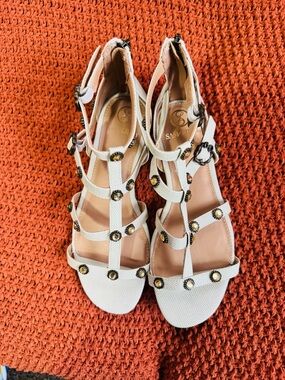 Sam Edelman Ivory Textured T-Strap Studded Heels